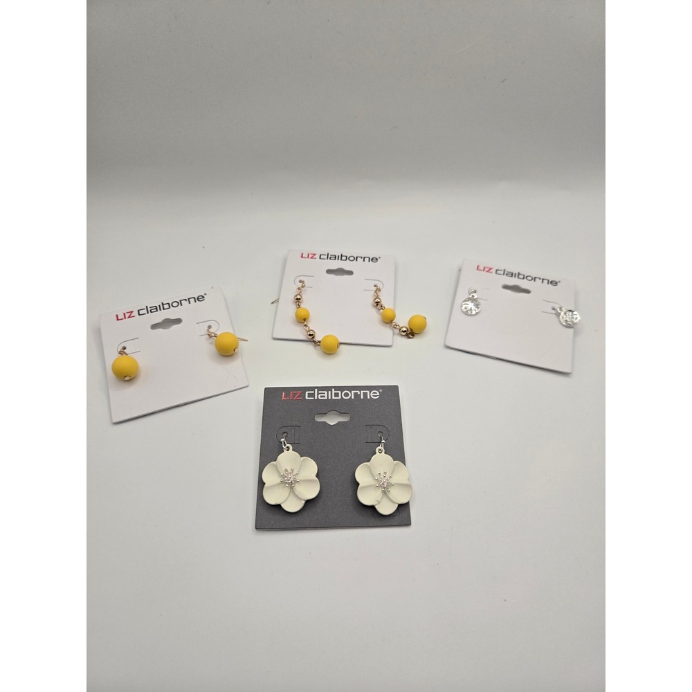 Liz Claiborne Earring Set 4 Pairs Yellow Beads White Flower Silver Tone Studs